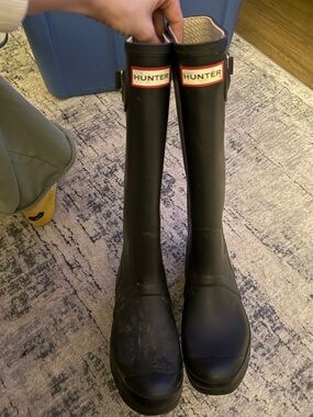Hunter Matte Black Knee-High Rubber Boots with Red-Trim Logo
